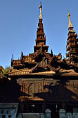 Old Bagan Myanmar. The Nat Taung monastery complex. The intricate design of the tiered tent-like roof system. 